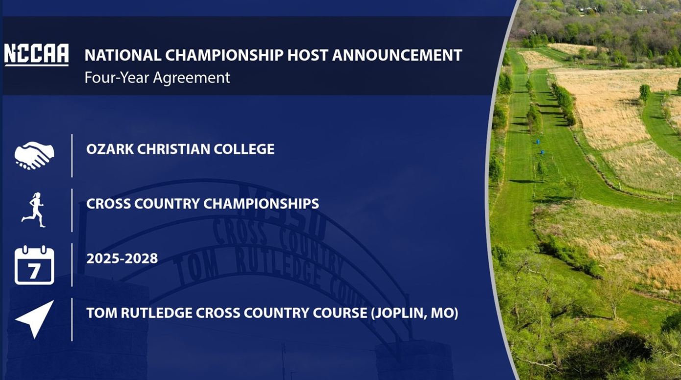 Banner with details about the NCCAA Cross Country National Championships
